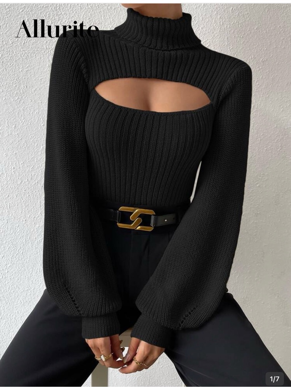 Allurite Black Cutout Ribbed Turtleneck Sweater